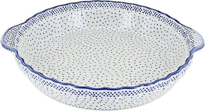 Blue Rose Polish Pottery - Blue Small Dots Pie Plate with Handles - 9.75" Diameter - Ceramic Baking