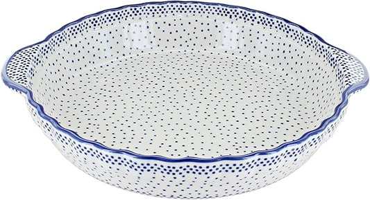 Blue Rose Polish Pottery - Blue Small Dots Pie Plate with Handles - 9.75" Diameter - Ceramic Baking