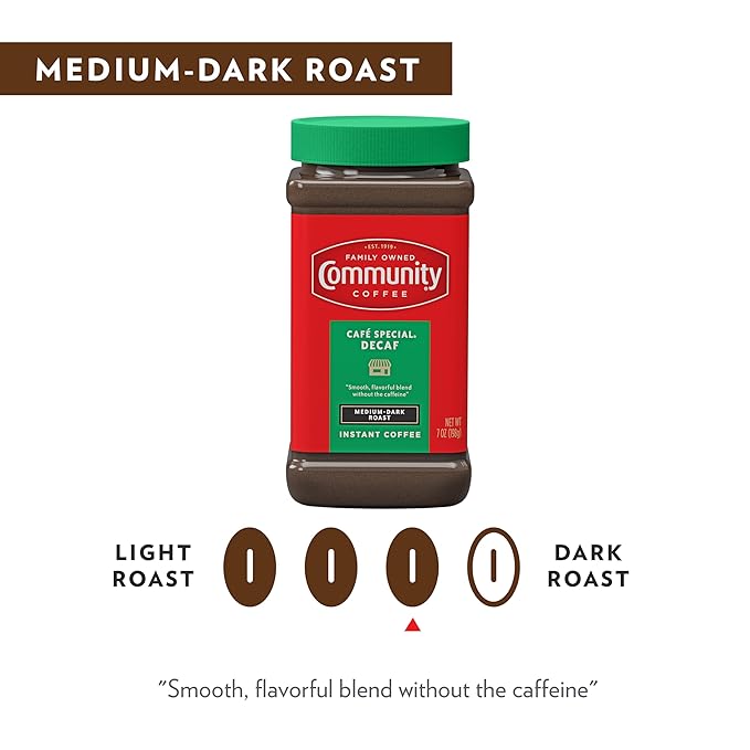 Community Coffee Café Special Decaf Instant Coffee, Medium Dark Roast, 7 Ounce Jar (Pack of 12)
