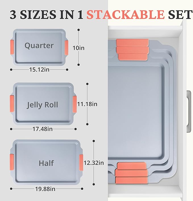 BRONYPRO Non Stick Ceramic Baking Sheet Pan Set of 3, Natural Non Toxic Cookie Sheets for Baking