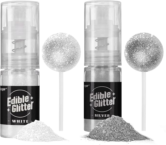 Sujoygar Edible Glitter Spray 2 Colors, White and Silver Edible Glitter for Cocktails, Shimmer