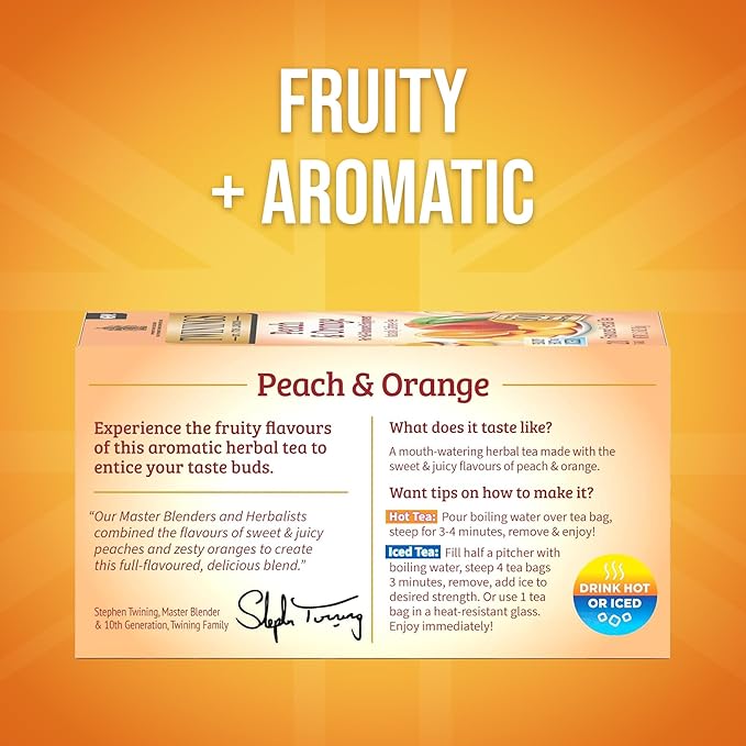 Twinings Peach & Orange Herbal Tea Individually Wrapped Bags, 20 Count (Pack of 6), Juicy & Fruity