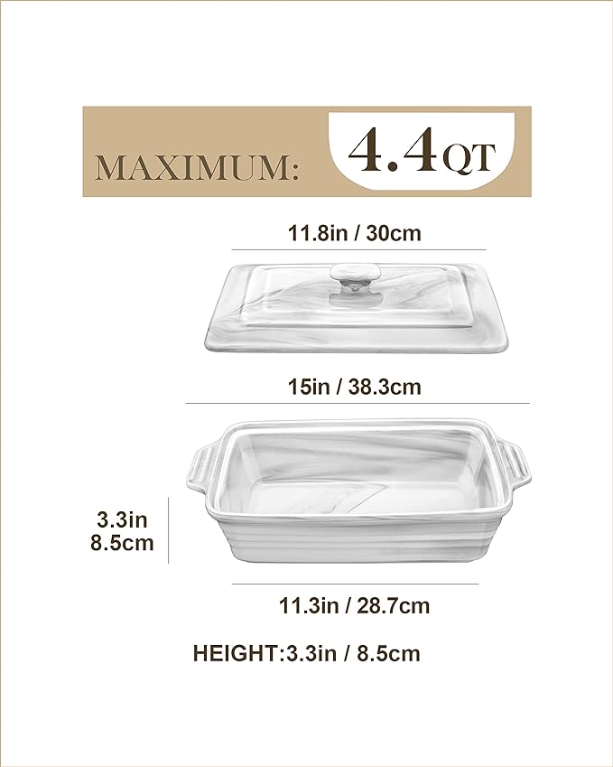 MALACASA Large Casserole Dish with Lid, 4.4 Quart Ceramic Baking Dish for Oven, 13 x 9 Lasagna Pan