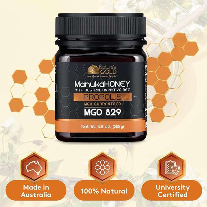 Nature’s Gold Raw Manuka Honey with Australian Native Bee Propolis, MGO 829+ | 8.8oz (250g), 100%