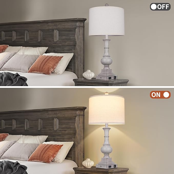 26" Farmhouse Lamp with 2 USB Ports & AC Outlet, Vintage Rustic Touch Control Bedside Lamp, Resin
