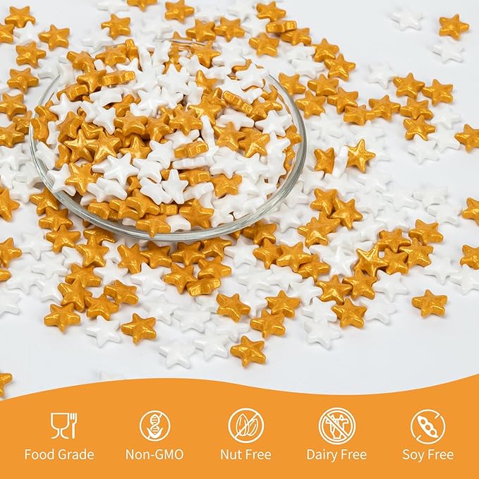 Edible Star Sugar Sprinkles, Gold and White Mix Size,Candy Star Sprinkle for Cake Decorations and