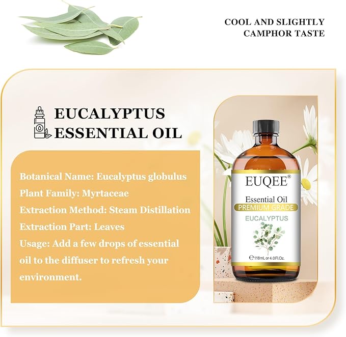 Eucalyptus Essential Oil 118ml Pure Eucalyptus Oil with Glass Dropper for Aromatherapy, Diffuser