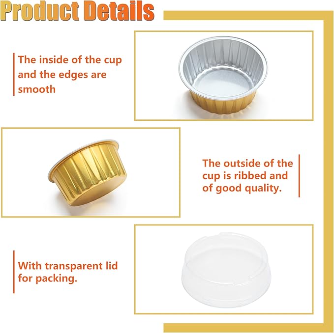 Aluminum Cups with Lids, 4.2oz 50Pcs Gold Disposable Cake Pans with Lids, Creme Brulee Cups, Mini