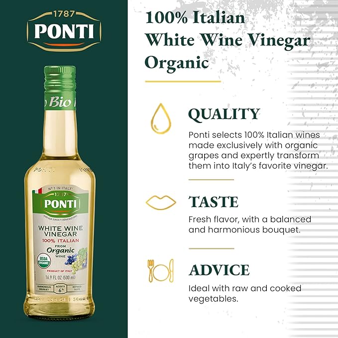 1787 PONTI Organic 100% Italian White Wine Vinegar - Perfected Acidity Levels for Best Harmonic