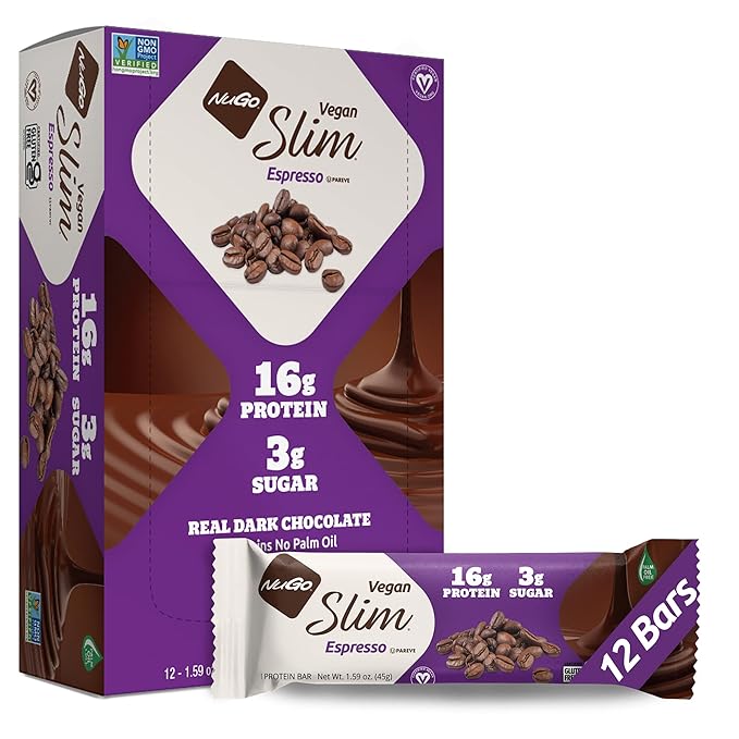 NuGo Slim Dark Chocolate Espresso, 16g Vegan Protein, 3g Sugar, 7g Fiber, 170 Calories, Low Net