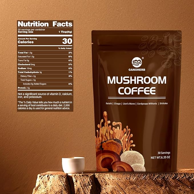 GANOHERB Instant Mushroom Coffee Powder, Arabica Coffee Mix with 5 Adaptogen Mushrooms, Lions Mane