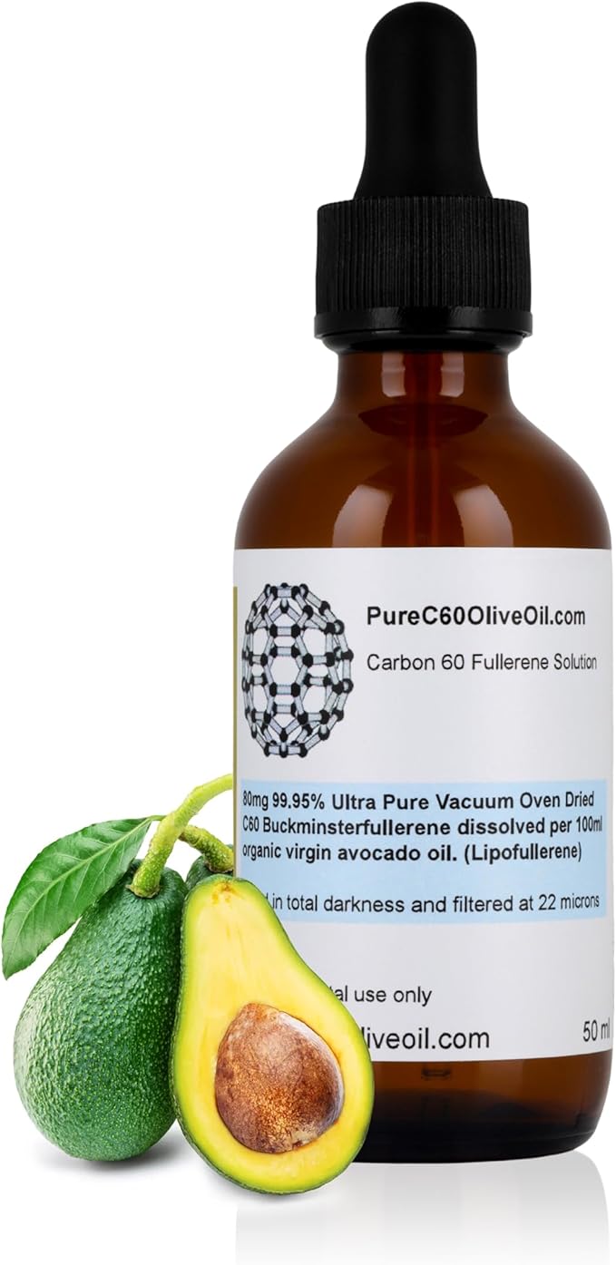 PureC60OliveOil C60 Avocado Oil 50ml / 1.7 Fl Oz - 99.95% Carbon 60 Solvent Free 80mg - Amber Glass