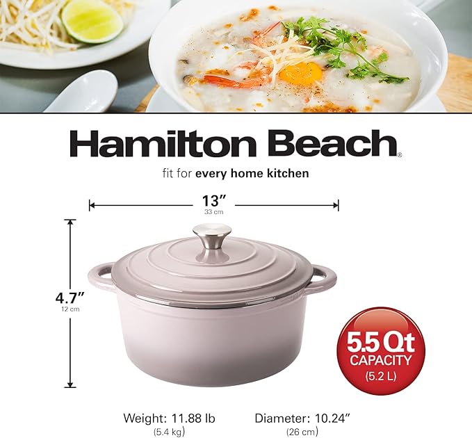 Hamilton Beach 5.5-Quart Enameled Cast Iron Dutch Oven with Lid | Heavy-Duty Pot for Braising