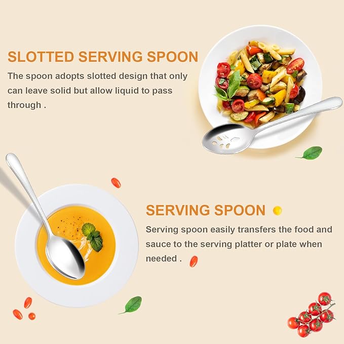 BEWOS 12-Piece Serving Spoons Set, 6 Serving Spoon and 6 Slotted Spoons, 9.1-Inch Utensils Set for