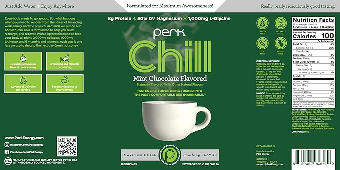 Perk Chill Mint Chocolate Flavored Drink Mix (18 Servings) - Gluten-Free, Peanut-Free