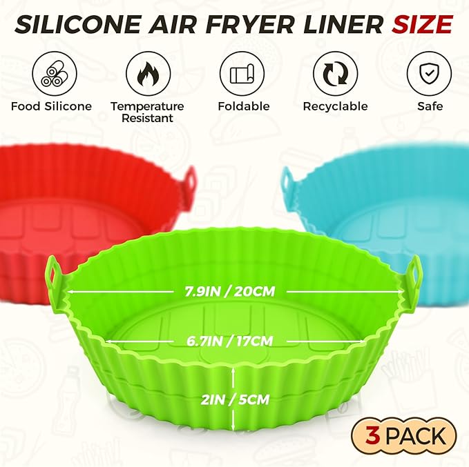 Buauty 3 Pack Air Fryer Silicone Liners 8inch Air Fryer Silicone Pot Reusable Food Grade Silicone