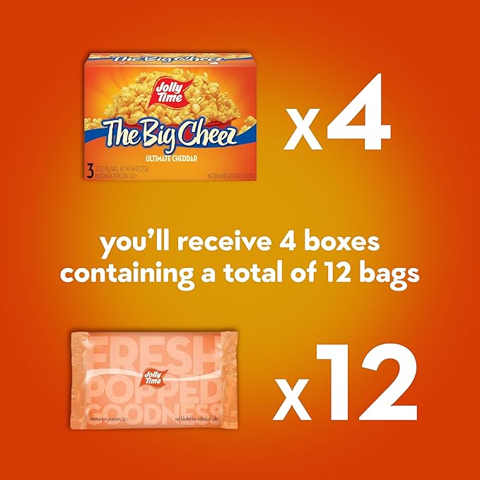 Jolly Time The Big Cheez, Cheddar Cheese Microwave Popcorn, 3.2oz Sharing Bag, 3 Bags Per Carton
