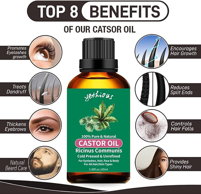 yethious Castor Oil Organic Cold Pressed Unrefined Growth for Eyelashes, Eyebrows, Hair. Skin