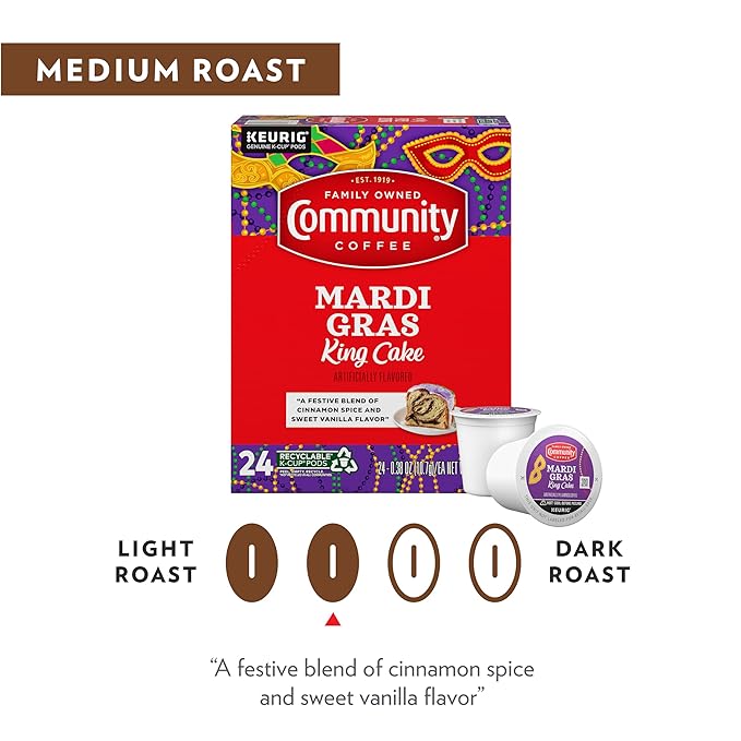 Community Coffee Mardi Gras King Cake Flavored 24 Count Coffee Pods, Medium Roast, Compatible with