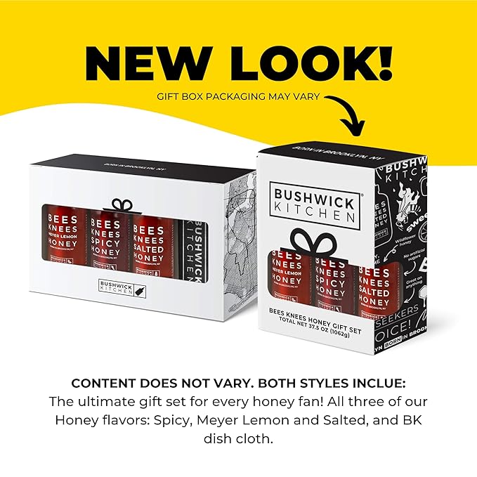 Bushwick Kitchen Bees Knees Honey Sampler Gift Box, Set Includes Spicy Honey, Meyer Lemon Honey
