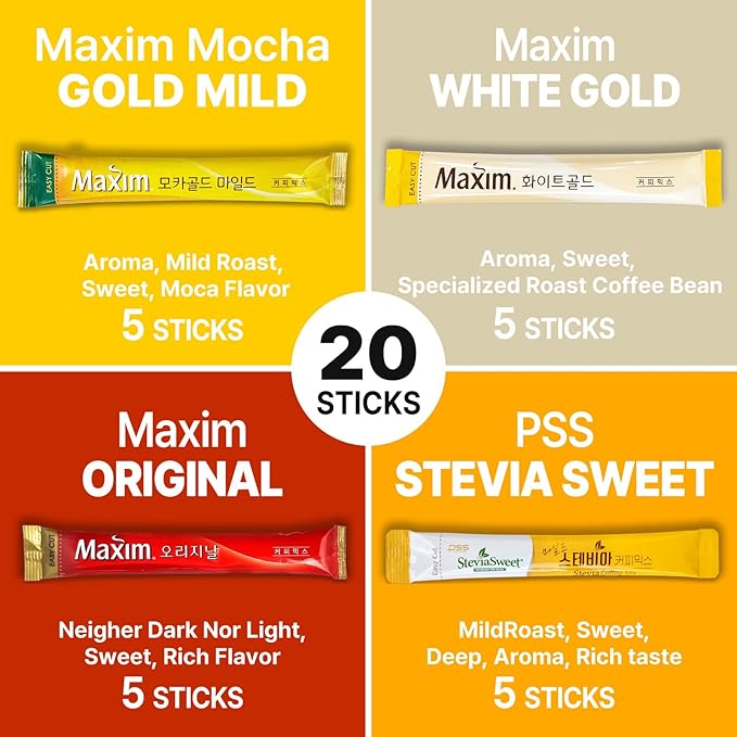 CUTIE MANGO Maxim & Stevia Variety 20 Sticks Premium Korean Instant Coffee Sampler White Mocha
