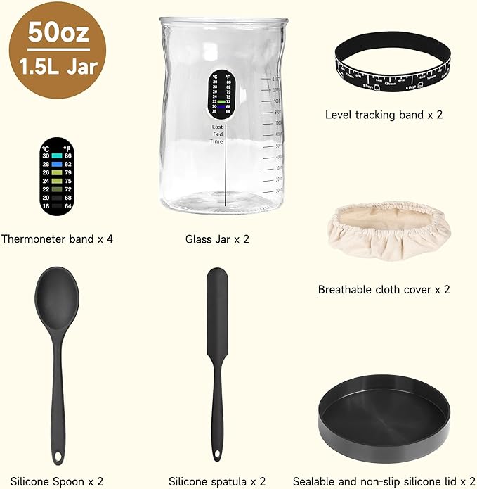 Sourdough Starter Kit -50 Oz Wide Bore and Large Capacity Sourdough Starter Jar，Thermometer