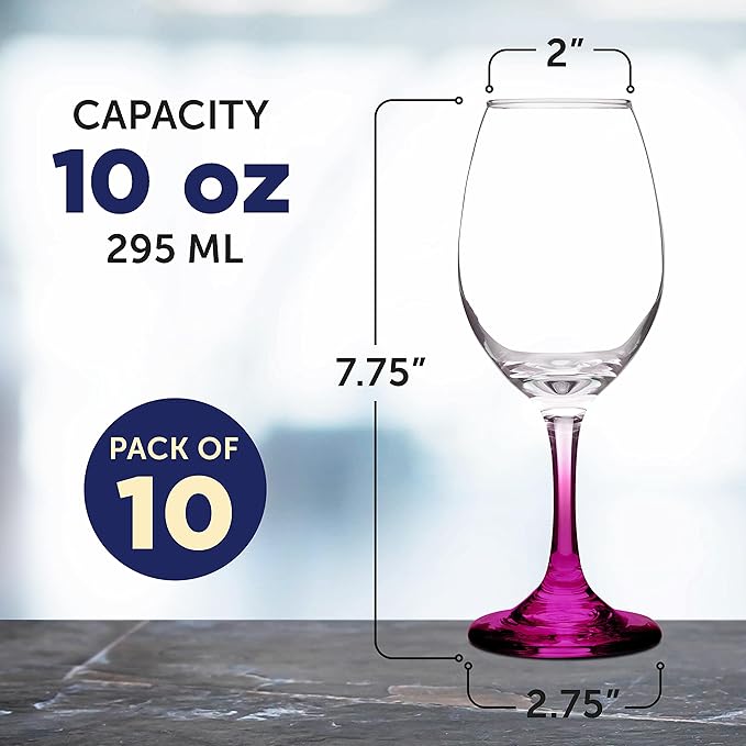 DISCOUNT PROMOS Rioja Wine Glasses with Stem 10 oz. Set of 10, Bulk Pack - Color Bottom, Perfect