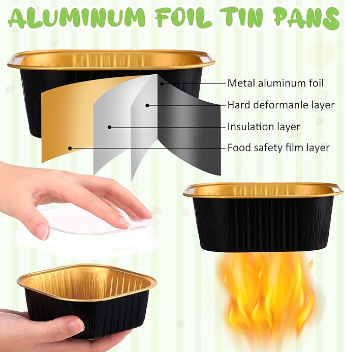Aoriher 300 Pieces 10 oz Mini Cake Pans with Lids, Aluminum Foil Baking Cups, Square Disposable