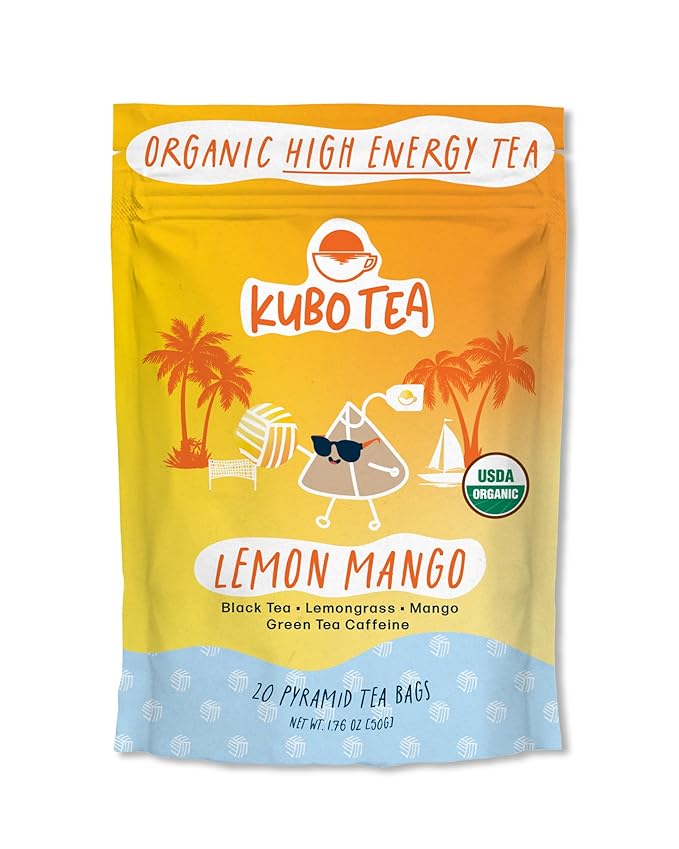 Kubo Tea Lemon Mango Black Tea - Organic High Caffeine Energy Blend - 20 Pyramid Tea Bags (155mg