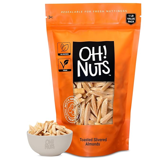 Oh! Nuts Almonds Toasted Slivered - Raw - 100% Natural - 1 lb - High-Protein Almonds - Packed in