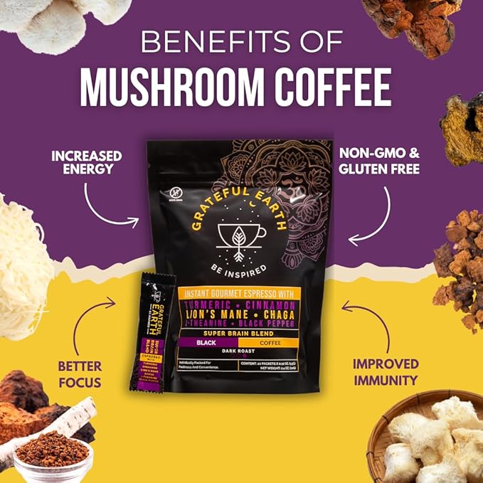 Grateful Earth Mushroom Coffee, Espresso Instant Coffee with Cinnamon, Turmeric, Lion’s Mane