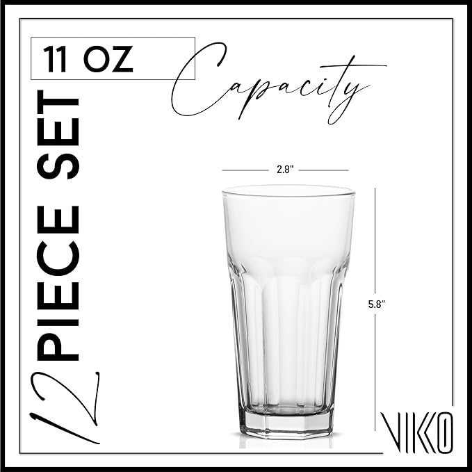 Vikko Drinking Glasses, 11 Ounce Large Glass Cups, Durable Glasses Set of 12, Stackable Water