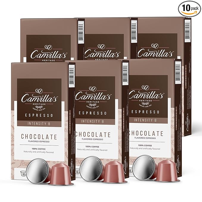 Camilla’s Heritage - Intensity 8 Chocolate Flavored Espresso Coffee, Gourmet Espresso Cups, 60