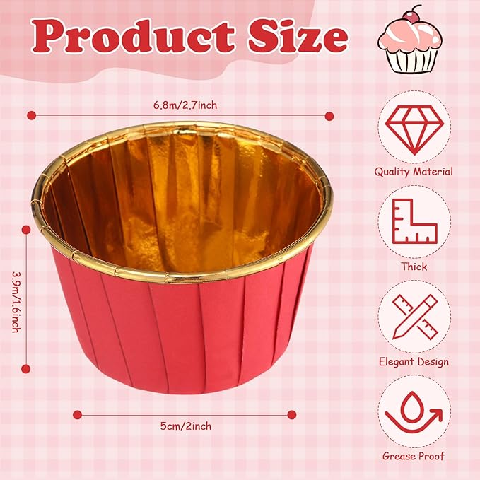 300 Pack Red Gold Cupcake Cups Bulk Disposable Foil Muffin Liners 3.5 oz Wrappers for Baking
