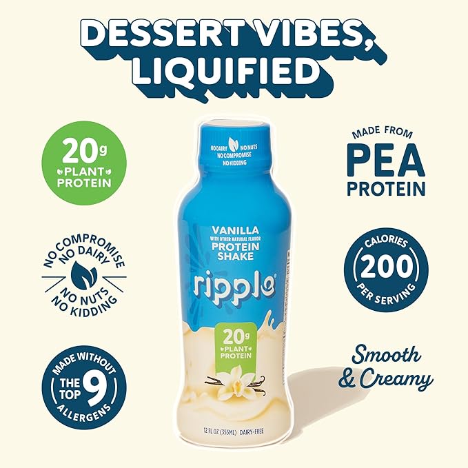 Ripple Vanilla Plant Based Protein Shake | 20g of Quality Sourced Pea Protein, Calcium & Iron Rich
