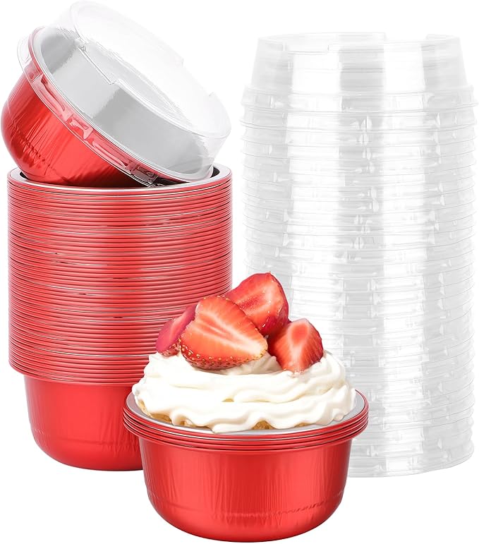Beasea Disposable Baking Cups With Lids, 50 Pack 6.1oz 180ml Aluminum Foil Ramekins Round Baking