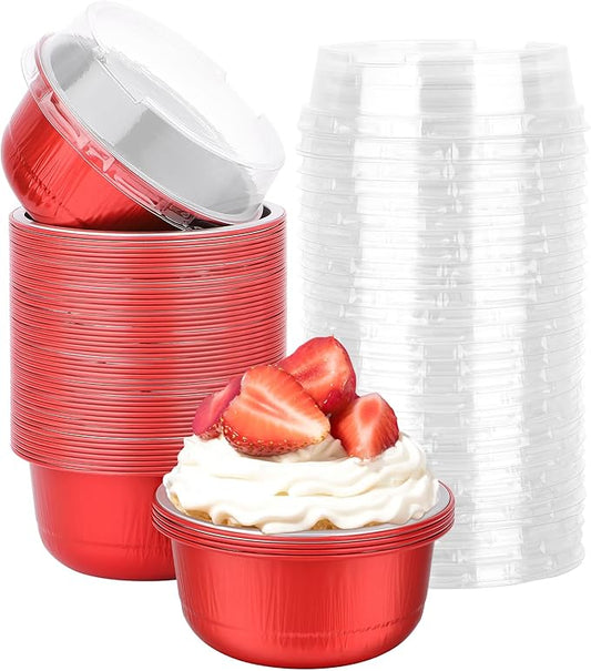 Beasea Disposable Baking Cups With Lids, 50 Pack 6.1oz 180ml Aluminum Foil Ramekins Round Baking
