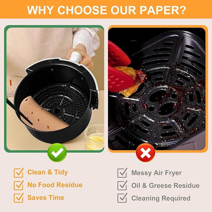 Air Fryer Parchment Paper, 9 Inch Round Liner, 200PC Unbleached Filter Paper for Air Fryers (100