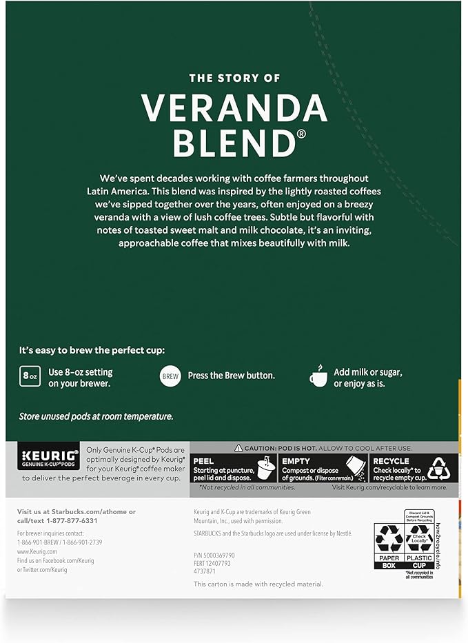 Starbucks K-Cup Coffee Pods, Starbucks Blonde Roast Coffee, Veranda Blend for Keurig Brewers, 100%