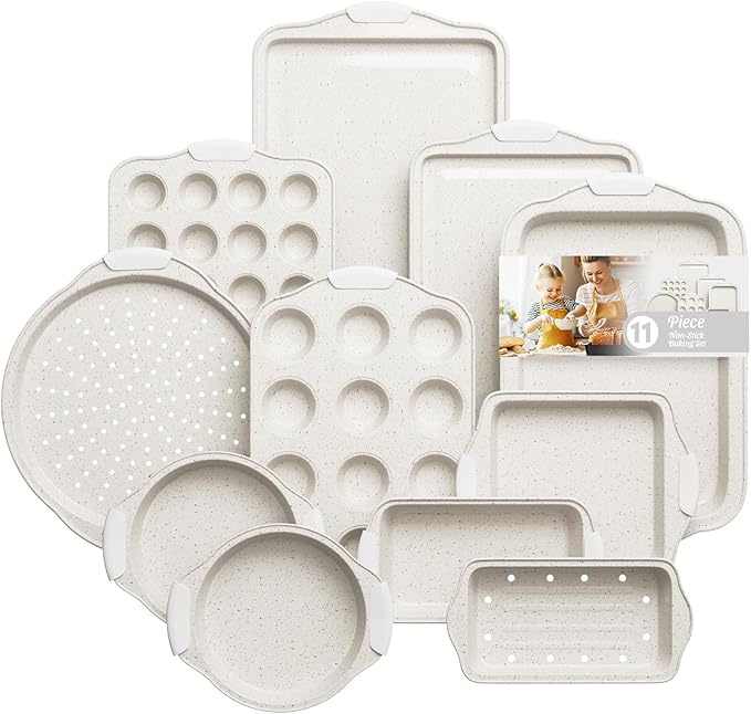 11-Piece Kitchen Nonstick Stackable Bakeware Set, Non Toxic Bakeware Sets with Silicone Handles