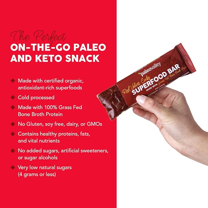 Paleovalley Superfood Bars – Red Velvet– 12 Pack – 9g Protein per Bar – Gluten-Free, Grain-Free
