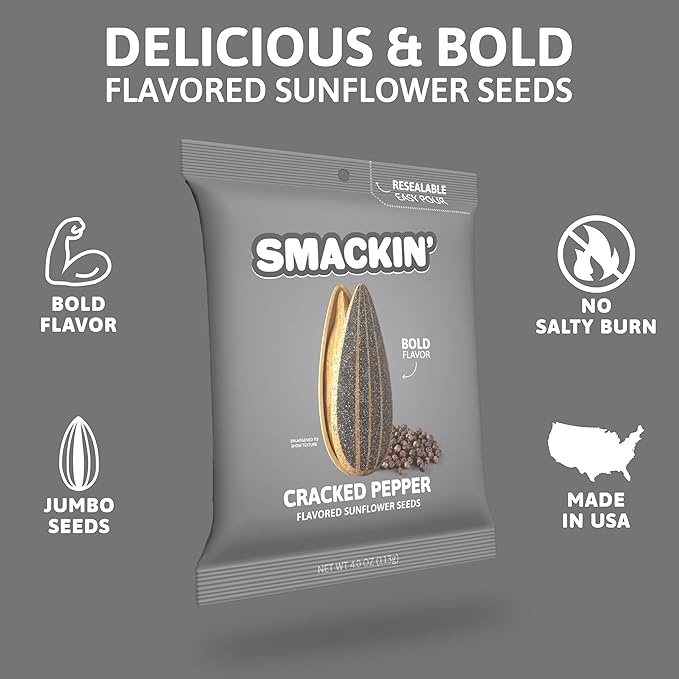 SMACKIN' - Jumbo Roasted Sunflower Seeds, No Salty Burn, American Made, Easy Pour & Seal - Cracked