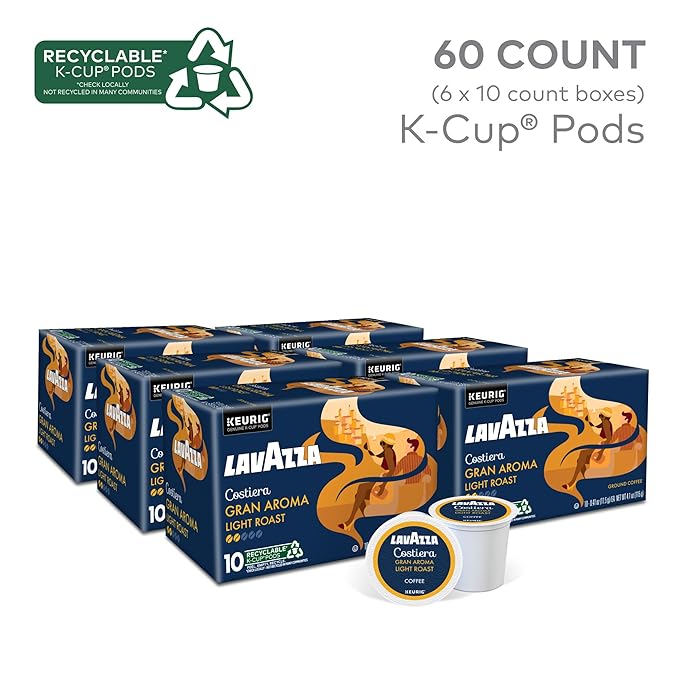 Lavazza Costiera Gran Aroma, Single-Serve Keurig K-Cup Pods, Light Roast Coffee, 60-Count Box (6