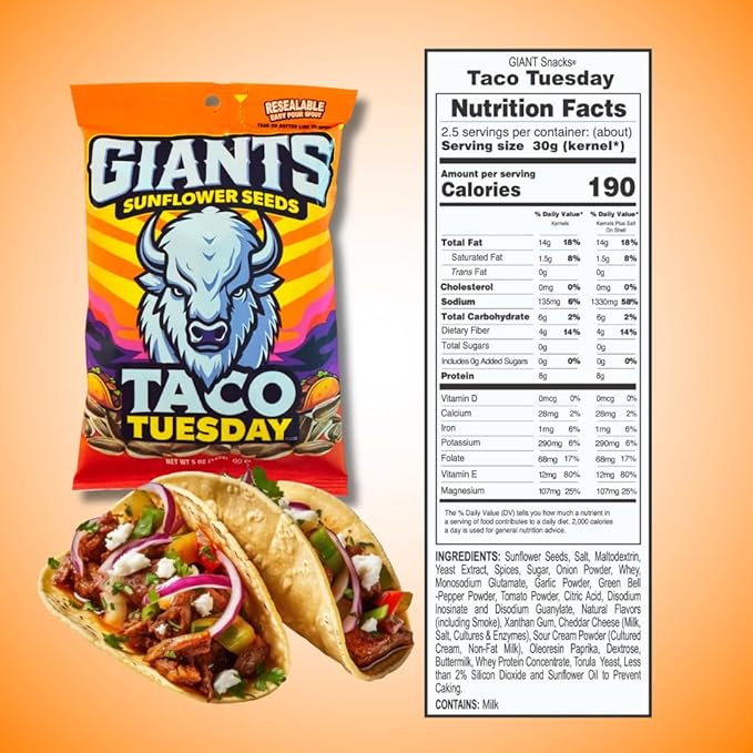 GIANTS Taco Tuesday Sunflower Seeds - Sunflower Seeds to Eat, High Protein Snack, Zesty Taco