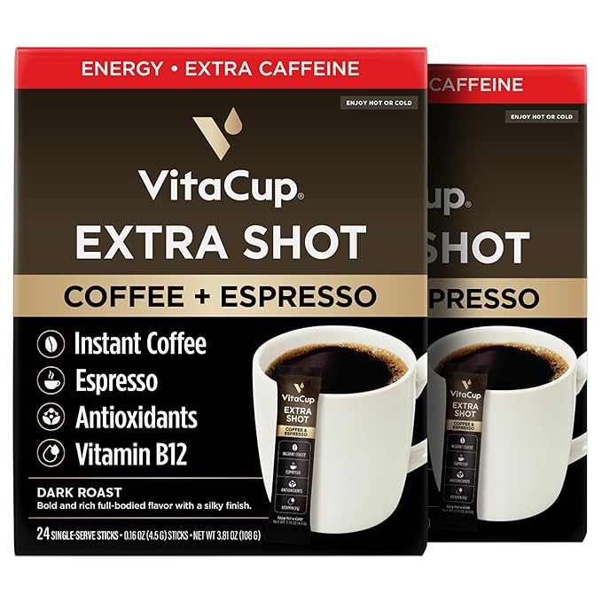 VitaCup Extra Shot Instant Coffee Packets with Espresso Shot, “Red Eye” High Caffeine, Bold Dark