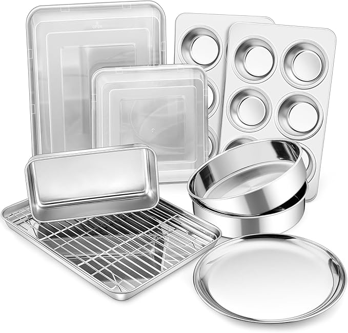 P&P CHEF Stainless Steel Bakeware Set, 12-Piece Kitchen Baking Pans Set, Baking Sheet with Rack
