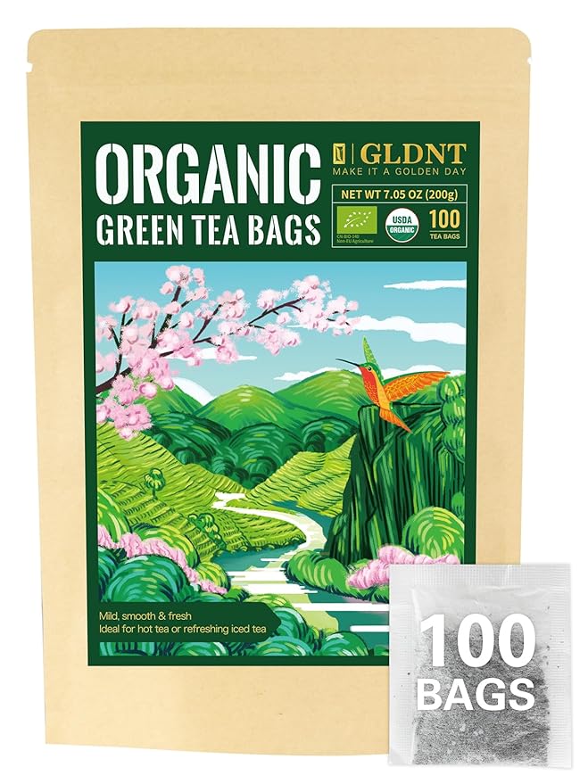 GLDNT Organic Green Tea Bags, Natural Pure Organic Green Tea, Super Antioxidant, Caffeinated, 100