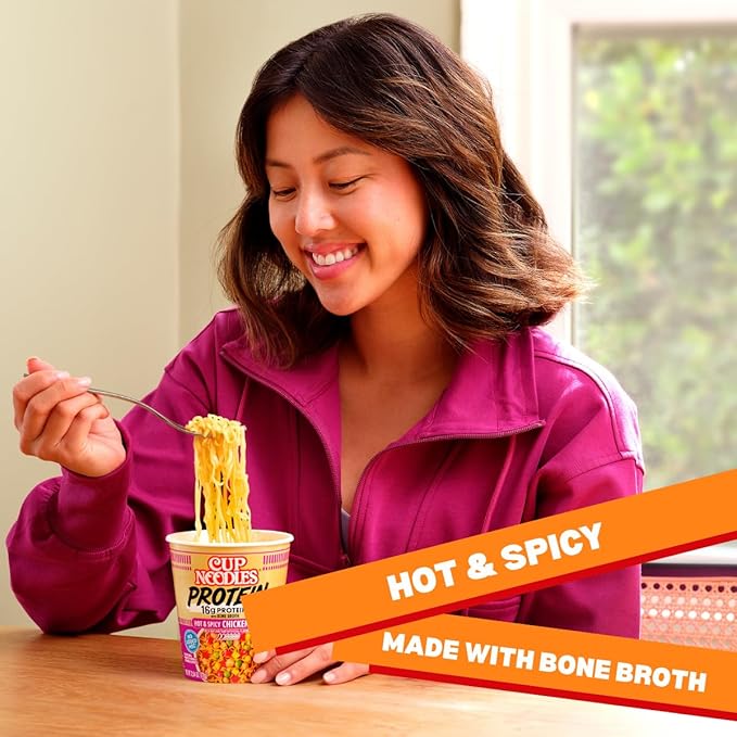 Nissin Cup Noodles Protein Ramen, Chicken Flavor Spicy Ramen with Bone Broth, 16g Protein, 2.54