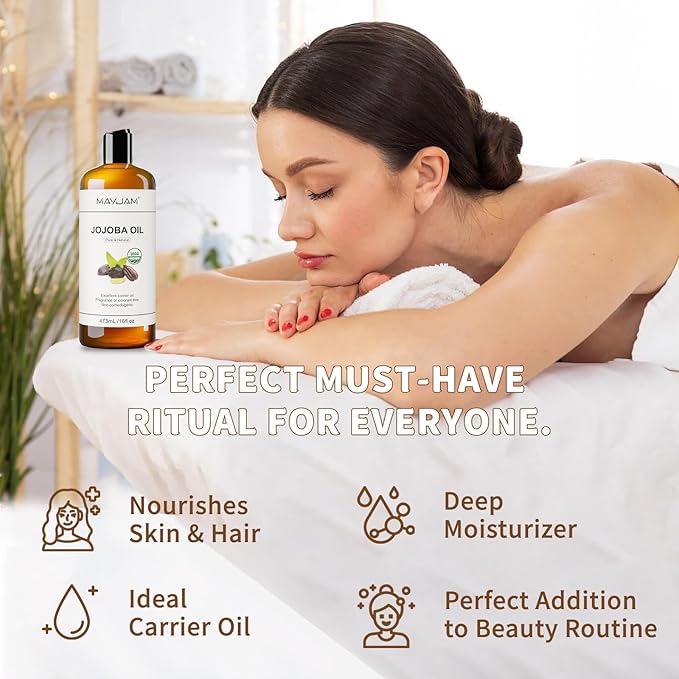 16 Oz Jojoba Oil for Skin, USDA Certified Cold Pressed Jojoba Oil for Hair, Face, Body, Ear