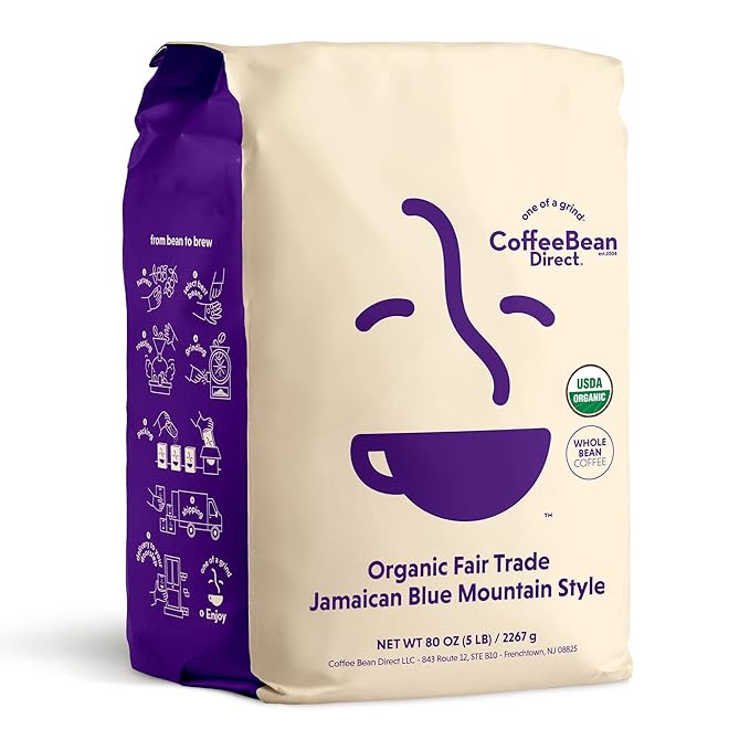 Coffee Bean Direct Organic Fair Trade Jamaican Blue Mountain Style, Whole Bean Coffee, Light Roast